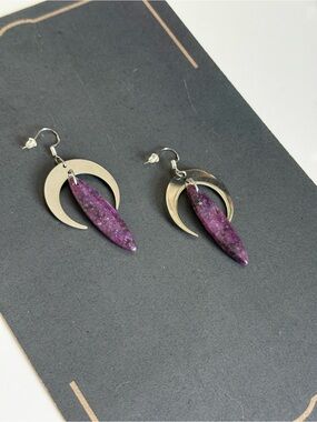 Lepidolite Crystal  Crescent Moon Dangle Earrings - statement earrings witchy